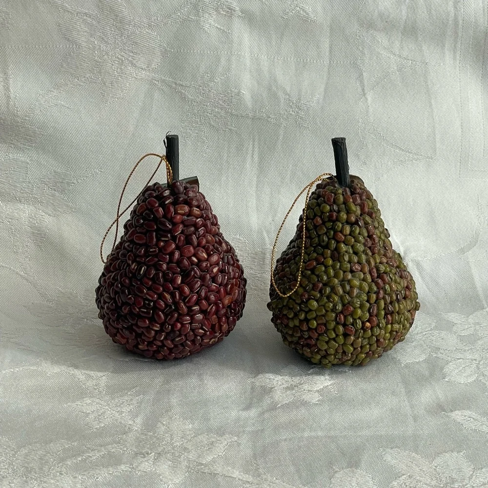 Pier 1 Beaded Pears with Metal Leaves Fall Autumn Decor Ornaments Set of 2